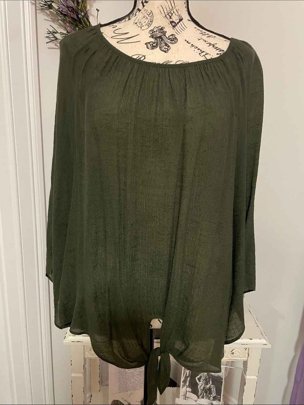 Olive Green Tie-Hem Peasant Top Size XL